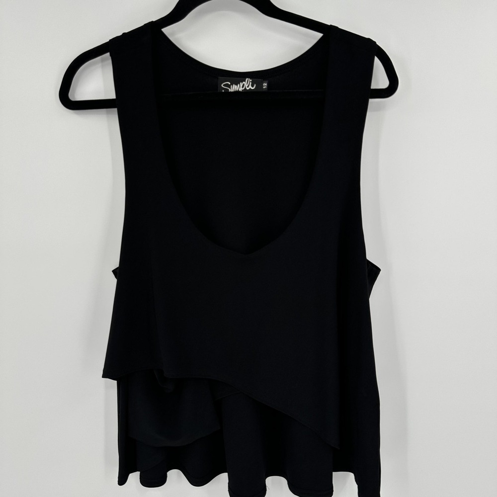 Sympli‎ Tank Top Womens 12 Black Asymmetrical Layered Draped Sleeveless Blouse